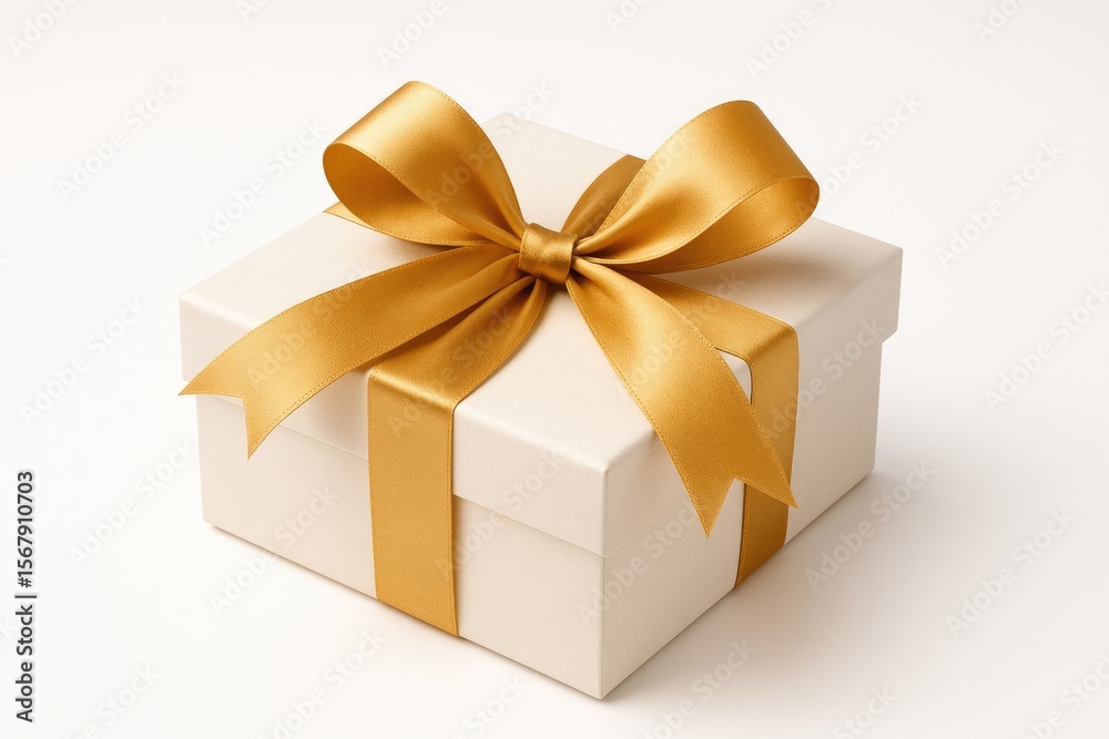 Obraz premium Elegant gift package adorned with a shimmering gold ribbon isolated on a plain white backdrop