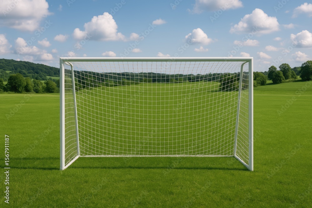 Fototapeta premium Empty soccer goal standing in a grassy field