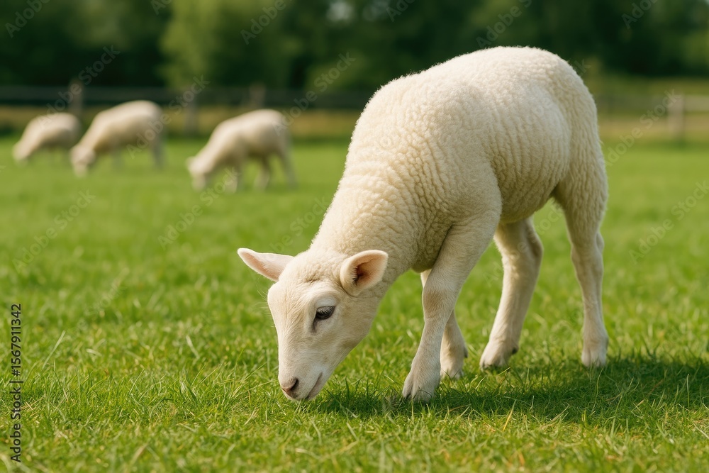 Sheep peacefully grazing in a rural farm setting Sheep peacefully grazing in a rural farm setting