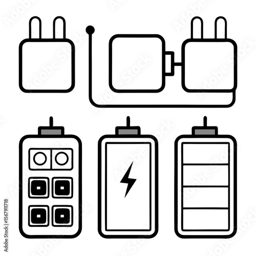 Portable Power Bank and Charger Icons USB, Battery, Plug Illustrations