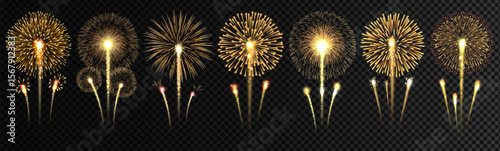 Realistic golden fireworks explosion set in various shapes and sizes, isolated on transparent background for celebration and festive design use. Vector illustration
