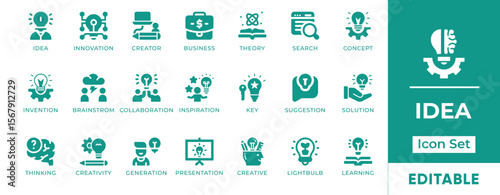 Idea Icon Set. Features icons of light bulbs, creativity, innovation, brainstorming, and solutions. Perfect for presentations, startups, and business concepts.