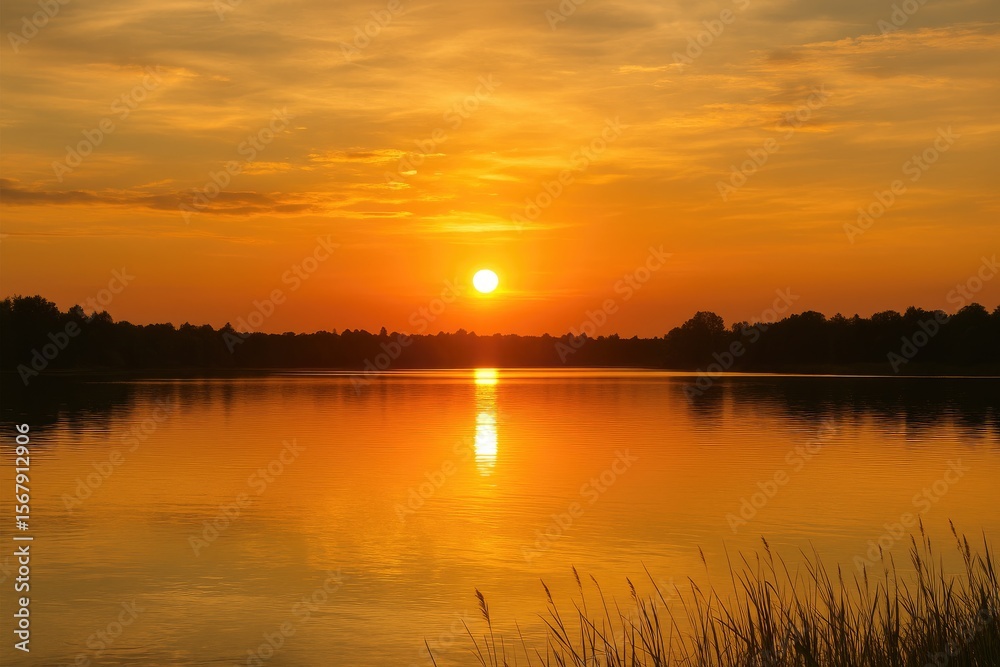 Obraz premium Dusk hues illuminating a tranquil lake with shimmering reflections