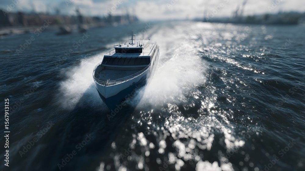 Fototapeta premium High speed ferry creating large wake near the harbor