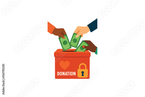 Charity donation concept Hands putting dollar bills into red donation box Fundraising generosity. Financial support for a cause Philanthropy and community aid Giving money to help people