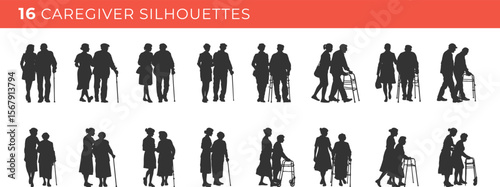 Set silhouettes of caregiver isolated on transparent background. Vector illustration