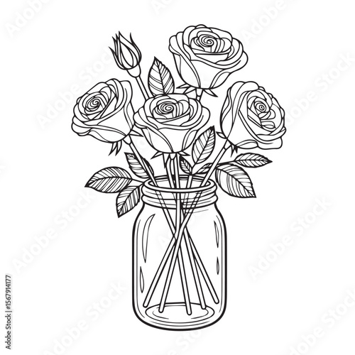 A charming bouquet of roses sits in a mason jar, isolated on white background