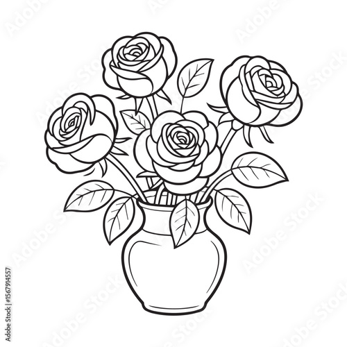 Four beautiful roses arranged in a vase, isolated on white background