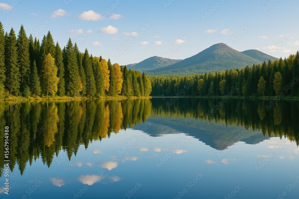 Fototapeta premium A serene lake reflecting the surrounding trees, mountains, and sky like a perfect mirror