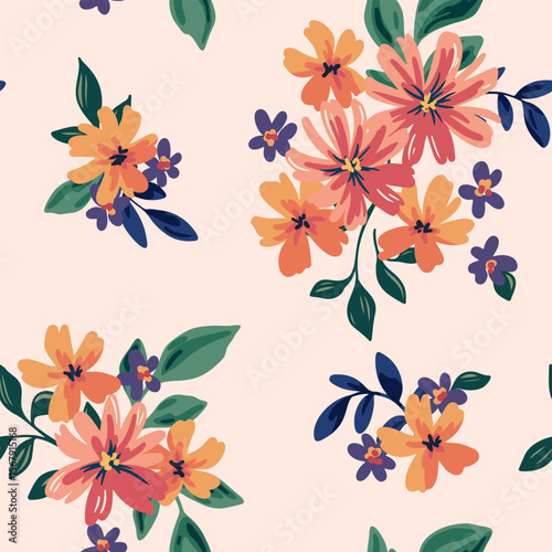 Seamless floral pattern, liberty ditsy print of delicate bouquets in vintage rustic motif. Cute botanical design of small hand drawn flowers, tiny leaves, simple blooming bouquets. Vector illustration
