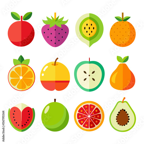Vibrant Flat-Design Fruit Icons Apples, Strawberries, Oranges, and More