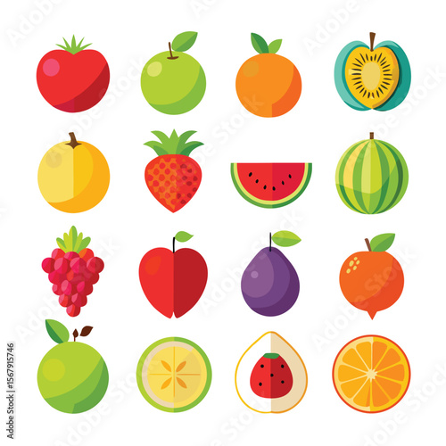 Vibrant Flat-Style Fruit Icons Apples, Oranges, Strawberries, and More