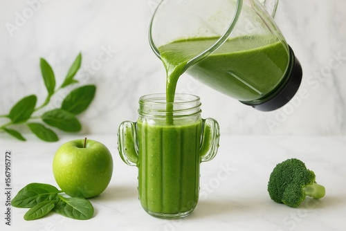 Healthy green smoothie served in a cactus-shaped glass after blending in a glass bowl.