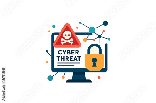 Cyber threat alert vector illustration showing a computer screen infected with malware, surrounded by network connections a skull icon r