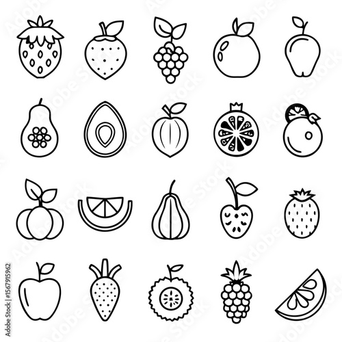 Collection of Line Art Fruit Icons Apples, Strawberries, Grapes, and More