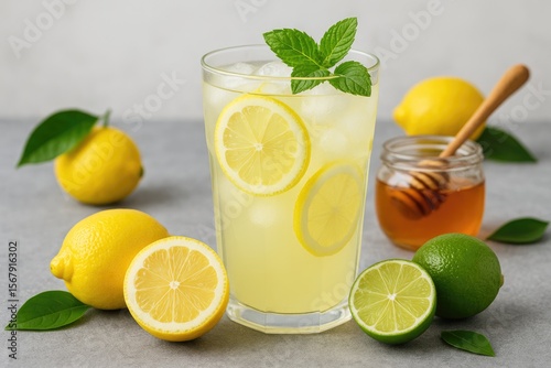 Refreshing homemade citrus beverage served on a rustic stone surface with fresh lemons, limes, and honey drizzled on top