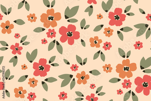 Seamless floral pattern, liberty ditsy print of hand drawn meadow in natural colors. Simple cute botanical design of small hand drawn flowers, tiny leaves in abstract composition. Vector illustration.