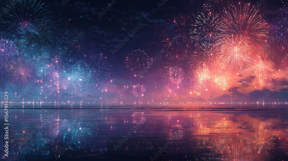 Fototapeta premium Fireworks Display Over Still Water at Night