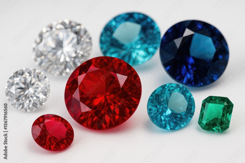 Fototapeta premium Precious gemstones including crimson rubies, sparkling diamonds, and various jewelry pieces