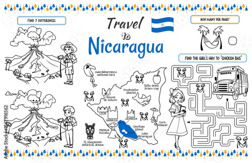 A fun placemat for kids. Printable Travel to Nicaragua activity sheet with a labyrinth and find the differences. 17x11 inch printable vector file