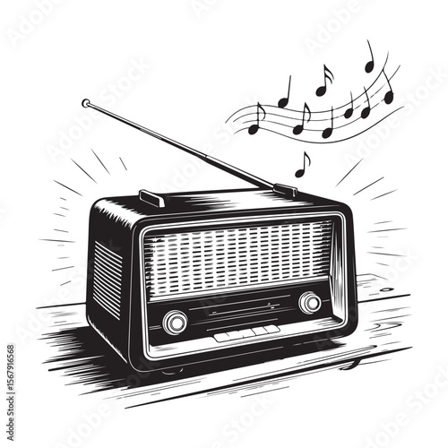 Vintage radio broadcasting music with sound waves and musical notes in a black and white illustration