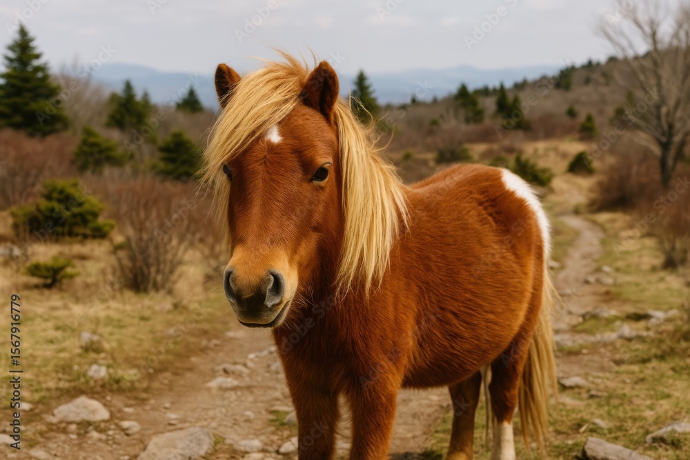 Obraz premium Hiking trail at a scenic highland park featuring wild ponies