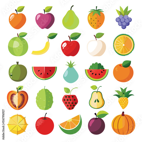 Vibrant Collection of Flat-Design Fruits Apples, Pears, Oranges, and More