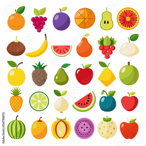 Vibrant Collection of Flat Fruit Icons Apples, Oranges, and More