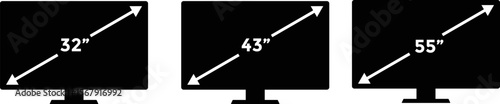 smart tv screen sizes icon set. 32, 43, 55 inches.. Display Screen Symbol. Computer monitor. Screen inches size. mass category of laptops
