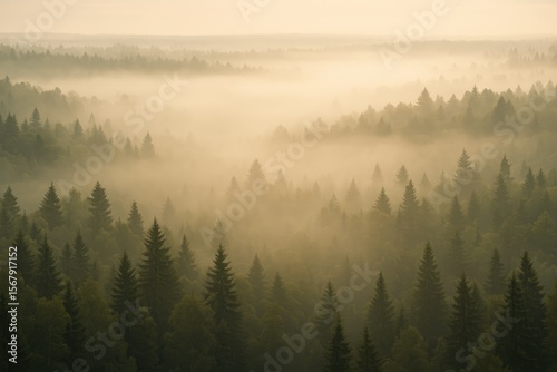 A foggy dawn envelops a lush woodland scene with a gentle morning glow enhancing the peaceful surroundings