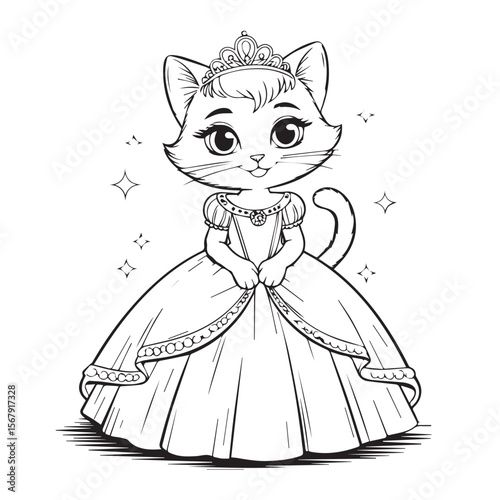 A cute cartoon cat princess in a beautiful gown and crown, isolated on white background