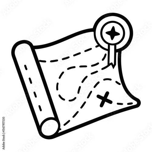 Treasure Map Illustration Rolled Parchment with X Marks the Spot and Compass