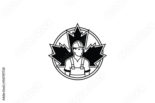 Canadian Construction Worker Logo with Maple Leaf in Black and White
