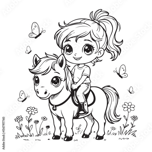 A cute girl happily rides her pony in a field of flowers and butterflies, isolated on white background