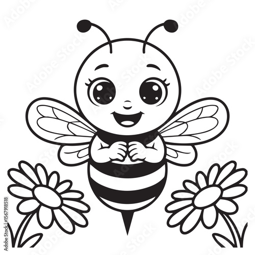 A happy cartoon bee smiles cheerfully amidst daisies, isolated on white background