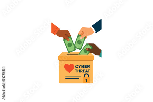 Diverse hands donating money to charity box with heart symbol Fundraising concept for support community aid philanthropy People giving cash for a cause Generosity vector art Color vector on white back