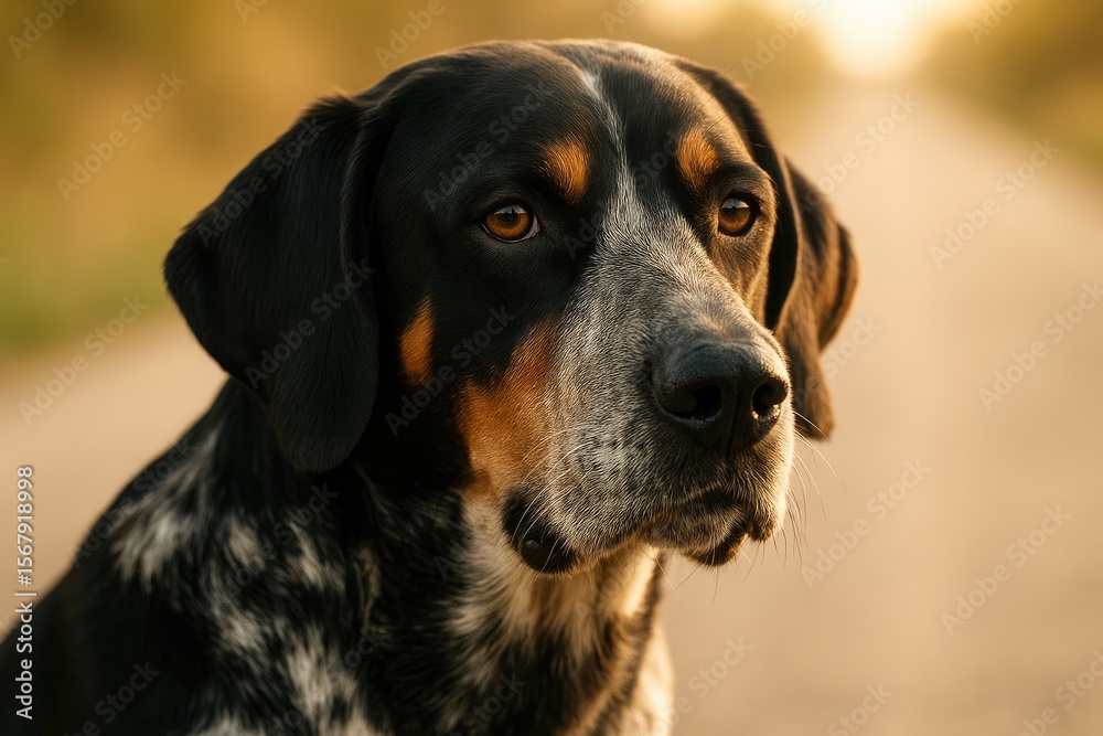 Close-up of a massive black dog with white and brown patches basking in sunlight Close-up of a massive black dog with white and brown patches basking in sunlight