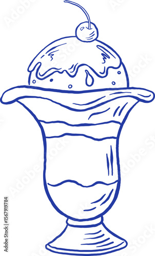Hand draw fruit ice cream sundae with cherry vector illustration. Summer frozen dessert icon
