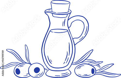 Hand draw olive oil in glass jar with fresh olives and leaves vector illustration.