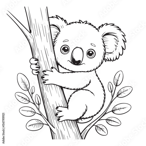 A cute koala clings to a tree branch, surrounded by leaves, isolated on white background