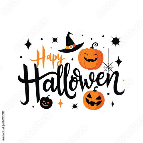 Handwritten words-happy halloween with a broom, bats,