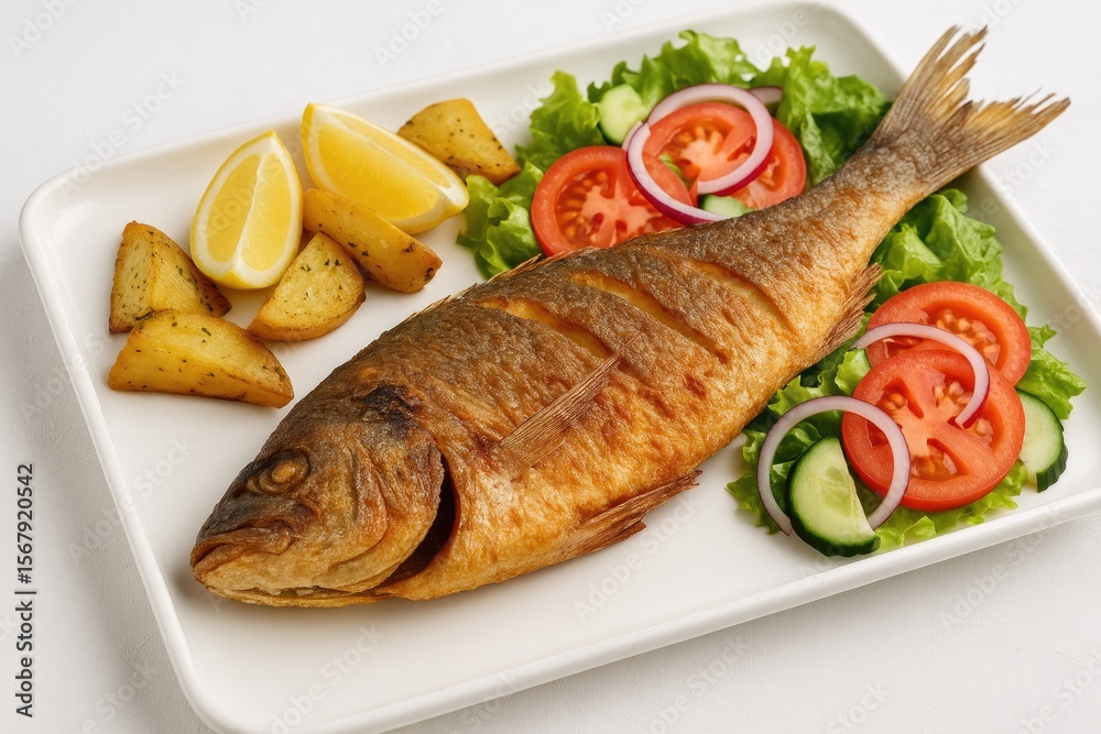 Crispy seafood served with fresh vegetables on a white platter, classic dish Crispy seafood served with fresh vegetables on a white platter, classic dish