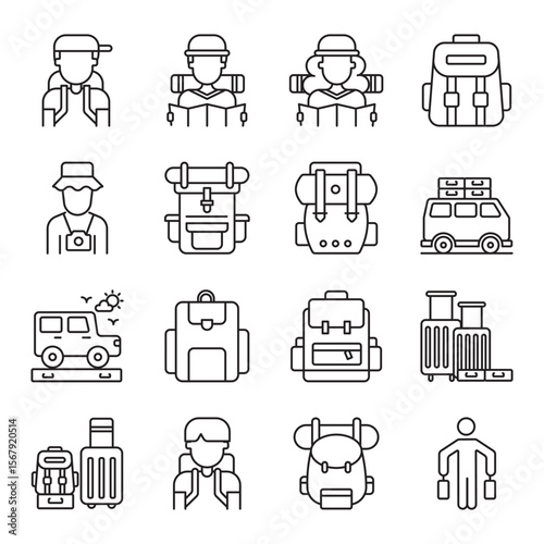 backpacking trip set of web icons in line style. backpacking trip, backpacker, travel backpack, solo travel and hiking trip. Vector illustration