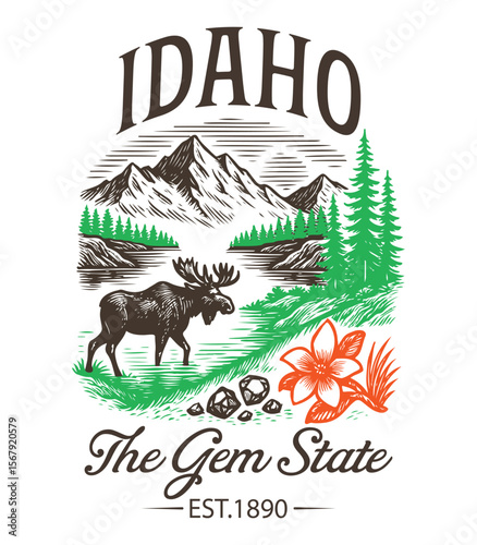 Idaho The Gem State - Us States T-shirt Vector, American State Cityscape Illustration, Vintage Retro State Cityscape Shirt, States Landmark sayings, USA City Skyline Clipart
