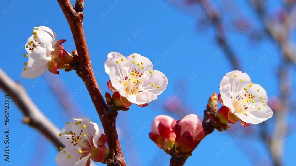 Delicate white spring blossoms burst open on sturdy brown tree branch against clear blue sky