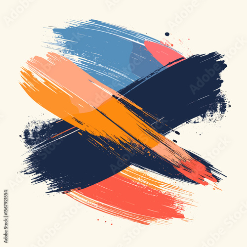 Colorful abstract brushstroke composition with bold paint textures in orange, blue, and navy on light background
