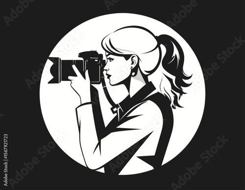 Monochrome vector illustration of female photographer taking photo with DSLR camera in profile view
