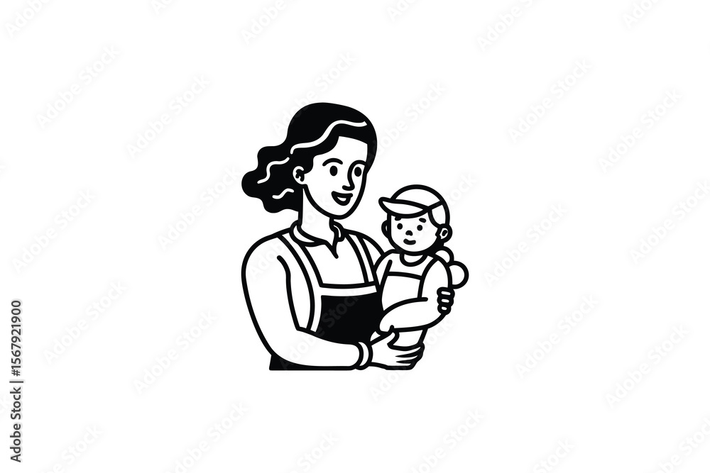 Happy Mother Holding Her Baby in a Simple Black and White Illustration Happy Mother Holding Her Baby in a Simple Black and White Illustration