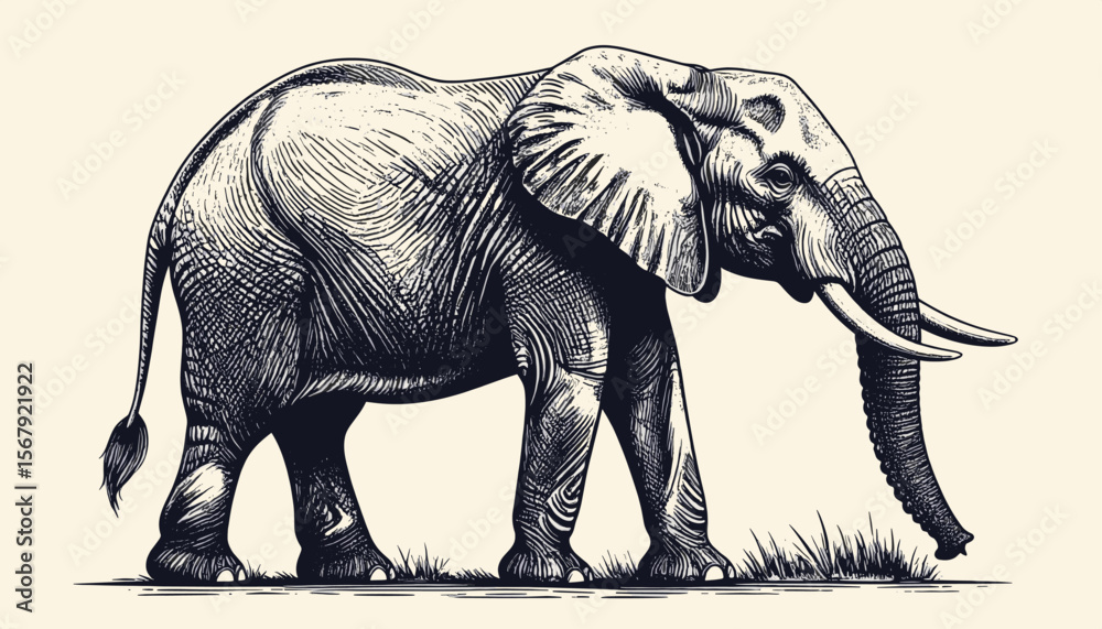 Fototapeta premium Vintage black and white illustration of an African elephant with long tusks standing on grass, symbol of wisdom and strength