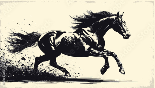 Black and white vintage illustration of a galloping horse with flowing mane and dust trail, symbolizing speed, freedom, and power